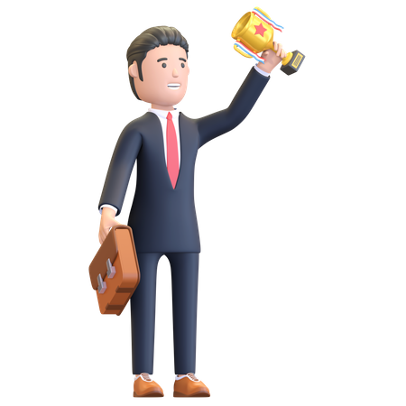 Businessman holding trophy achievement 3D Illustration