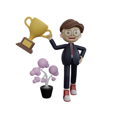 Businessman holding trophy cup  3D Illustration