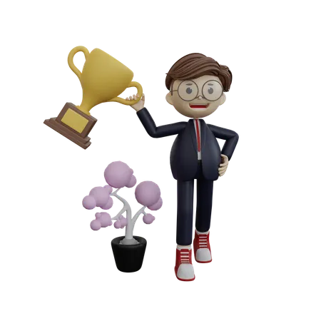 Businessman holding trophy cup  3D Illustration