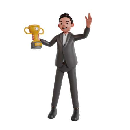 Businessman Holding Trophy Cup  3D Illustration