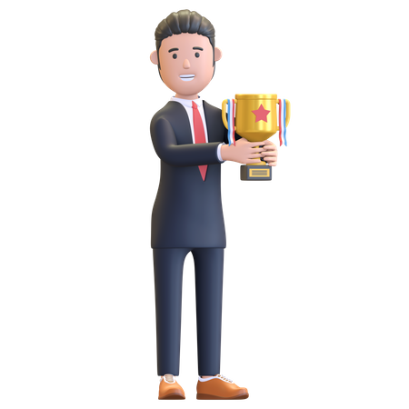 Businessman holding trophy success achievement  3D Icon