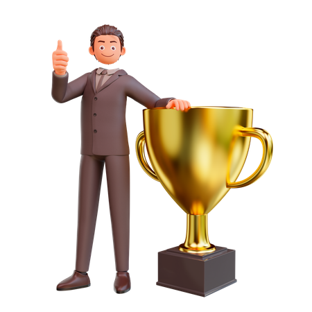 Businessman holding trophy success achievement  3D Icon