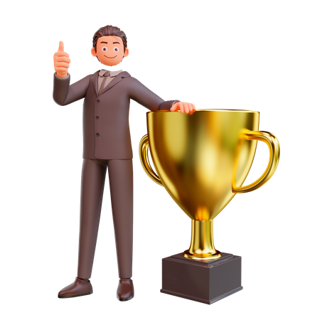 Businessman holding trophy success achievement  3D Illustration