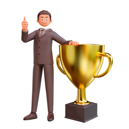 Businessman holding trophy success achievement 3D Illustration