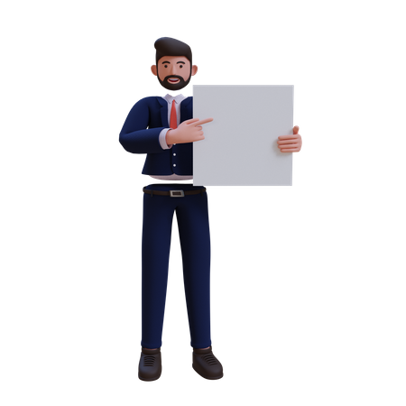 Businessman holding white blank board 3D Illustration