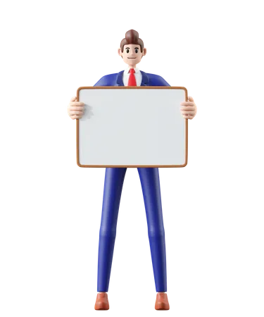 Businessman Holding Whiteboard And Presenting 3 D Illustration Of Cute Cartoon Smiling Isolated On White Background 3D Illustration