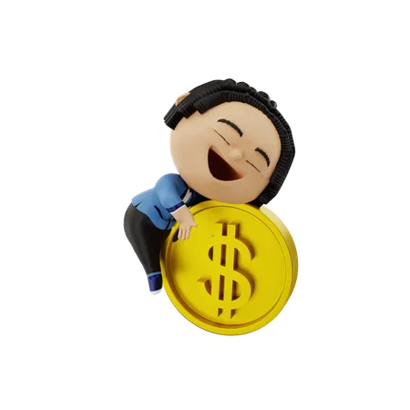 Businessman hugging a Coin  3D Illustration