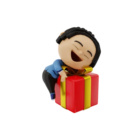 Businessman hugging a gift box 3D Illustration