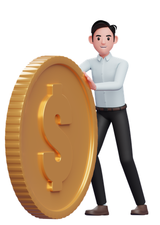 Businessman in a blue shirt send big coins by pushing  3D Illustration