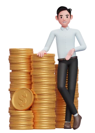 Businessman in a blue shirt standing with crossed legs and leaning on pile of coins  3D Illustration