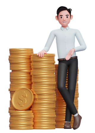 Businessman in a blue shirt standing with crossed legs and leaning on pile of coins 3D Illustration