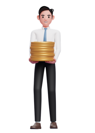 Businessman in a white shirt blue tie carry piles of gold coins  3D Illustration