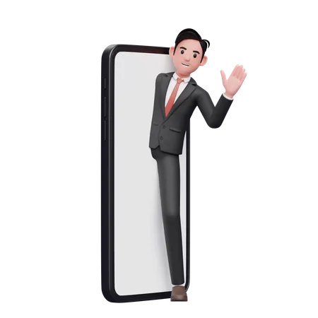 Businessman in black formal suit appears from the phone screen and says hi waving hand  3D Illustration