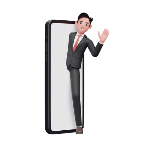 Businessman in black formal suit appears from the phone screen and says hi waving hand 3D Illustration