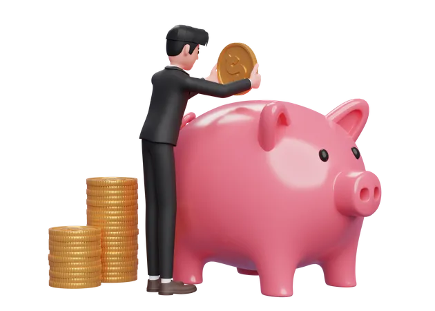 Businessman in black formal suit carefully keeps gold coins in pink piggy bank 3D Illustration