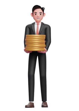 Businessman in black formal suit carry piles of gold coins 3D Illustration