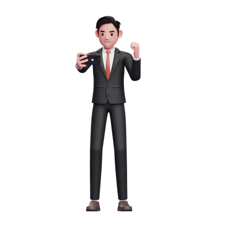 Businessman in black formal suit celebrating while looking at the phone screen  3D Illustration