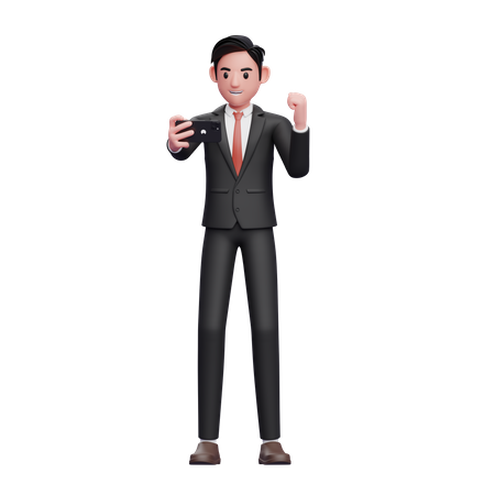 Businessman in black formal suit celebrating while looking at the phone screen 3D Illustration