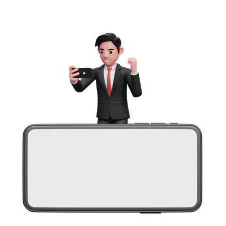 Businessman in black formal suit celebrating while looking phone screen behind big phone landscape screen 3D Illustration