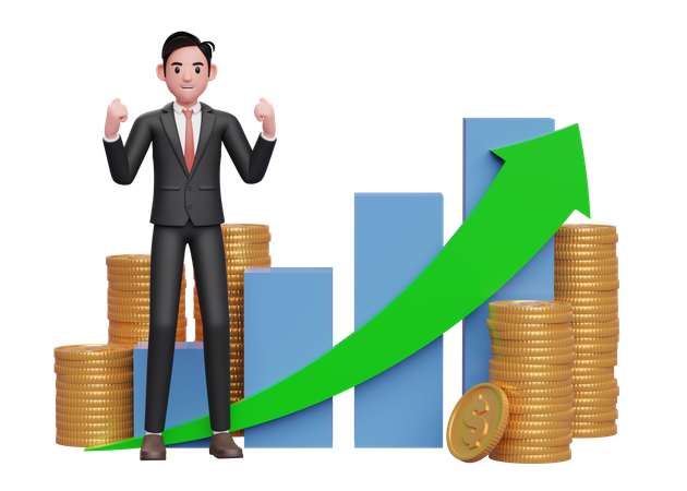 Businessman in black formal suit celebrating with clenched fists in front of positive growing bar chart with coin ornament  3D Illustration