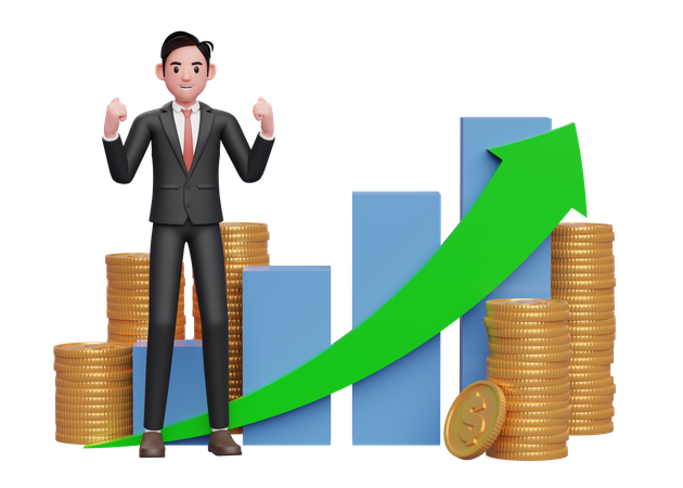 Businessman in black formal suit celebrating with clenched fists in front of positive growing bar chart with coin ornament 3D Illustration