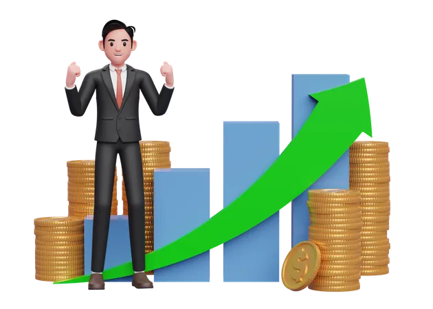 Businessman in black formal suit celebrating with clenched fists in front of positive growing bar chart with coin ornament  3D Illustration
