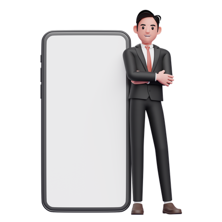 Businessman in black formal suit crosses arms and leans on mobile phone with big white screen  3D Illustration