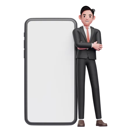 Businessman in black formal suit crosses arms and leans on mobile phone with big white screen  3D Illustration