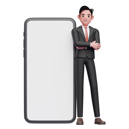 Businessman in black formal suit crosses arms and leans on mobile phone with big white screen 3D Illustration