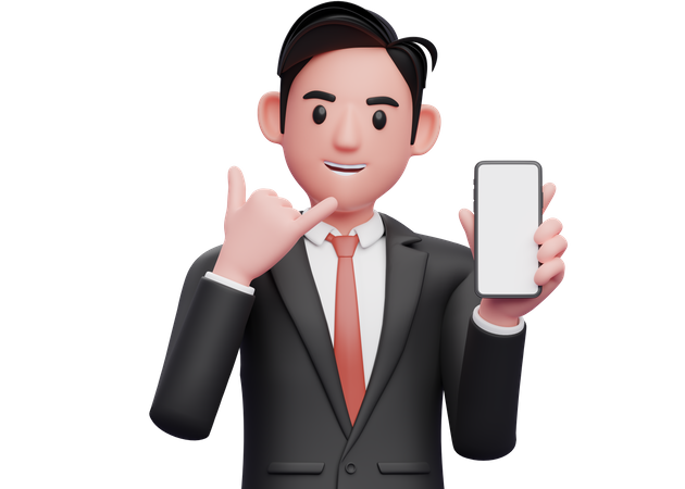 Businessman in black formal suit doing call me sign finger gesture with showing phone  3D Icon