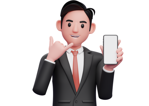 Businessman in black formal suit doing call me sign finger gesture with showing phone  3D Illustration