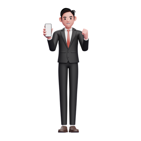 Businessman in black formal suit doing winning gesture with showing phone screen  3D Illustration