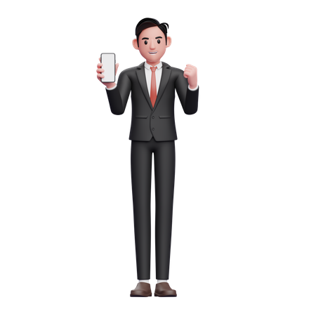 Businessman in black formal suit doing winning gesture with showing phone screen 3D Illustration