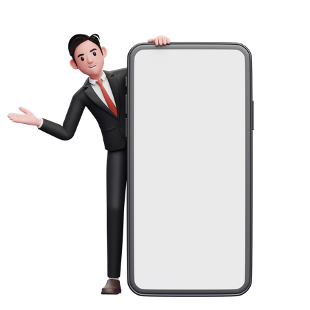 Businessman in black formal suit emerges from behind big phone with open hand  3D Illustration