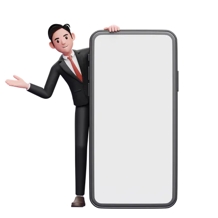 Businessman in black formal suit emerges from behind big phone with open hand  3D Illustration