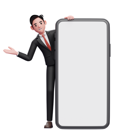 Businessman in black formal suit emerges from behind big phone with open hand 3D Illustration