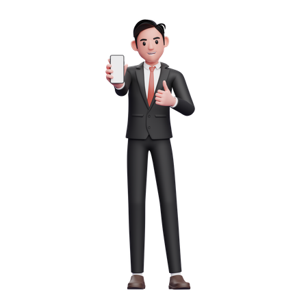 Businessman in black formal suit give thumbs up and showing phone screen  3D Illustration