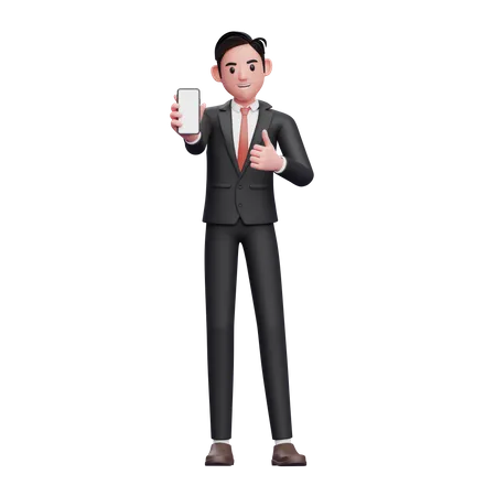 Businessman in black formal suit give thumbs up and showing phone screen  3D Illustration