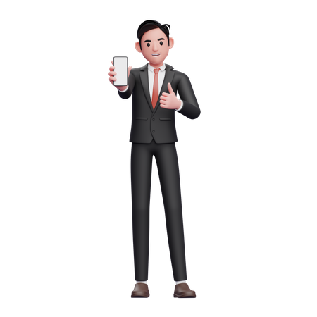 Businessman in black formal suit give thumbs up and showing phone screen 3D Illustration