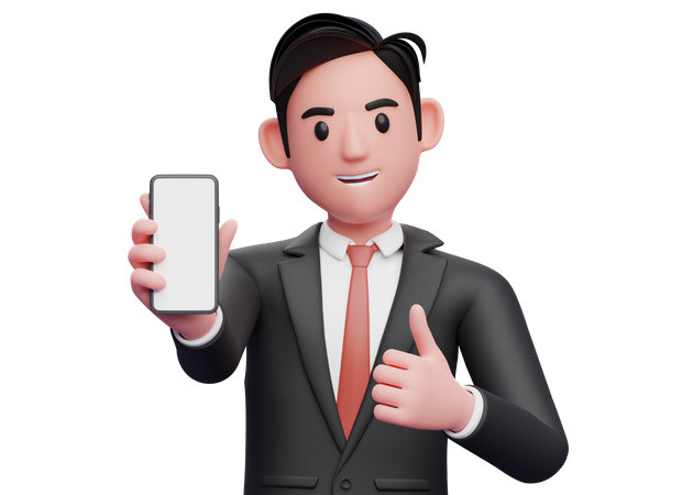 Businessman in black formal suit give thumbs up and showing phone screen to the camera  3D Icon