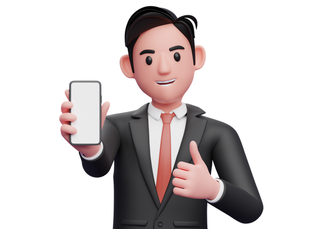 Businessman in black formal suit give thumbs up and showing phone screen to the camera  3D Illustration