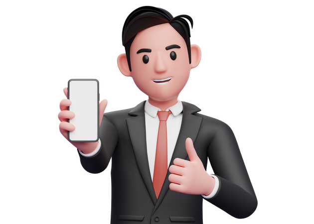 Businessman in black formal suit give thumbs up and showing phone screen to the camera 3D Illustration