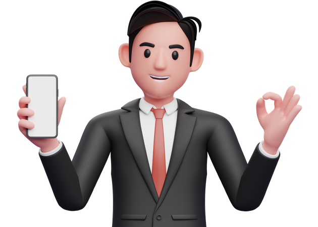 Businessman in black formal suit giving ok finger and holding a mobile phone  3D Icon
