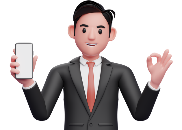 Businessman in black formal suit giving ok finger and holding a mobile phone  3D Illustration