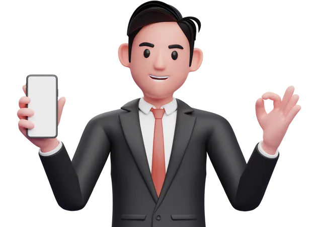 Businessman in black formal suit giving ok finger and holding a mobile phone  3D Illustration