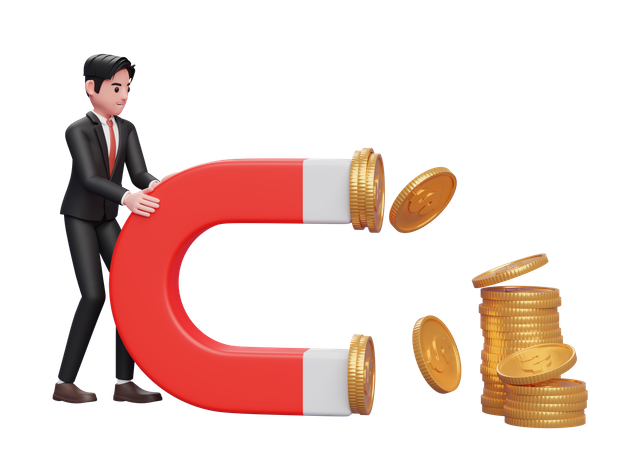Businessman in black formal suit Hold a Big Magnet To Attract Coins  3D Icon