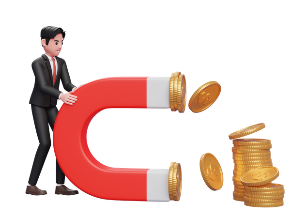 Businessman in black formal suit Hold a Big Magnet To Attract Coins 3D Illustration