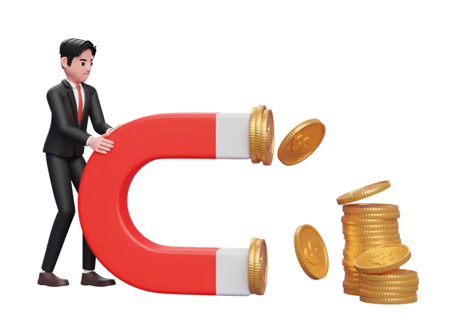 Businessman In Black Formal Suit Hold A Big Magnet To Attract Coins 3 D Rendering Of Business Investment Concept 3D Illustration