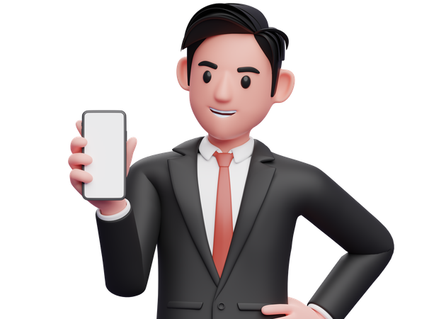 Businessman in black formal suit holding and looking to the phone and left hand on waist  3D Illustration