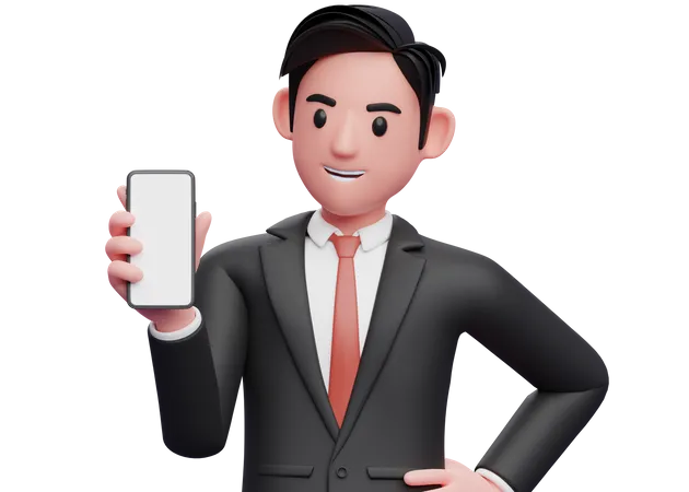 Businessman in black formal suit holding and looking to the phone and left hand on waist  3D Illustration